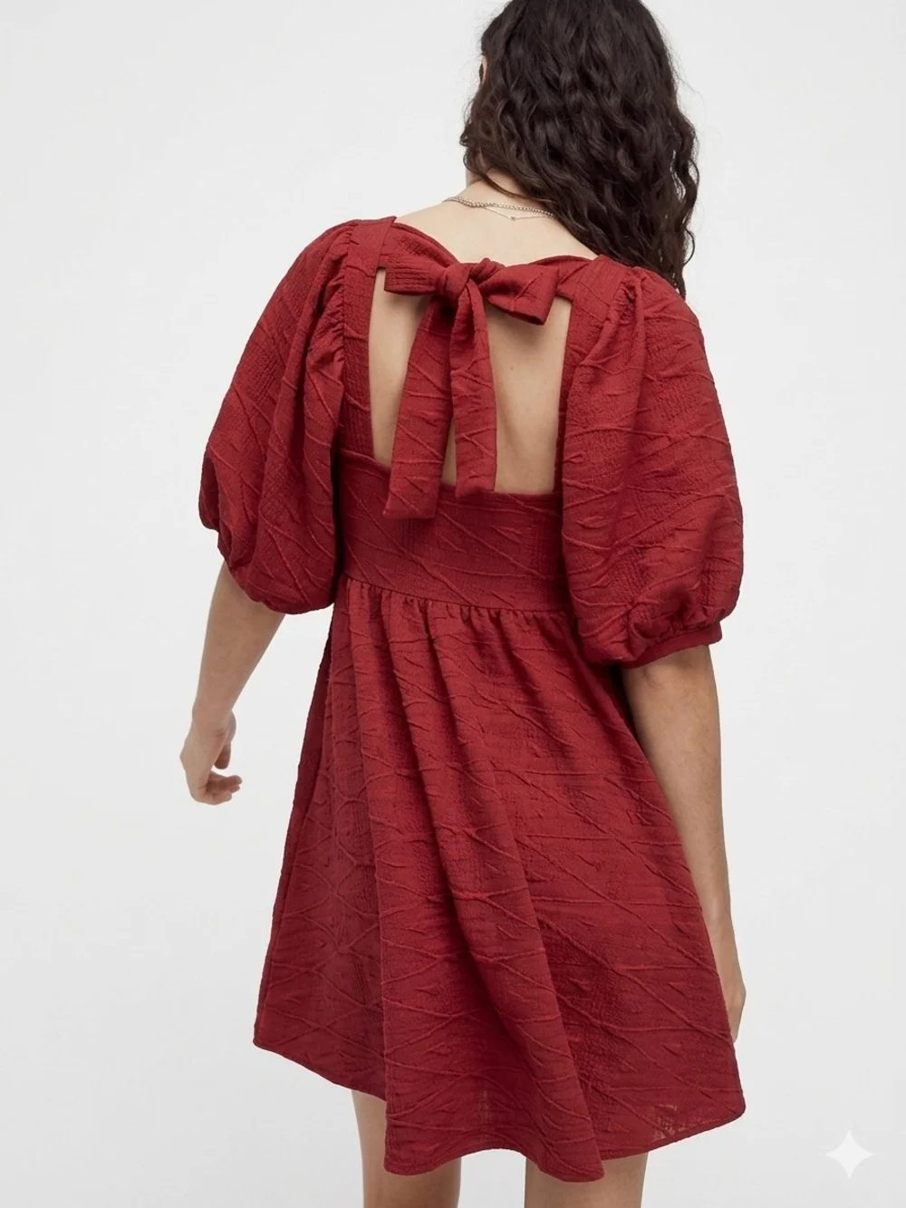 Free People Burgundy Textured Square-Neck Puff-Sleeve Mini Dress
